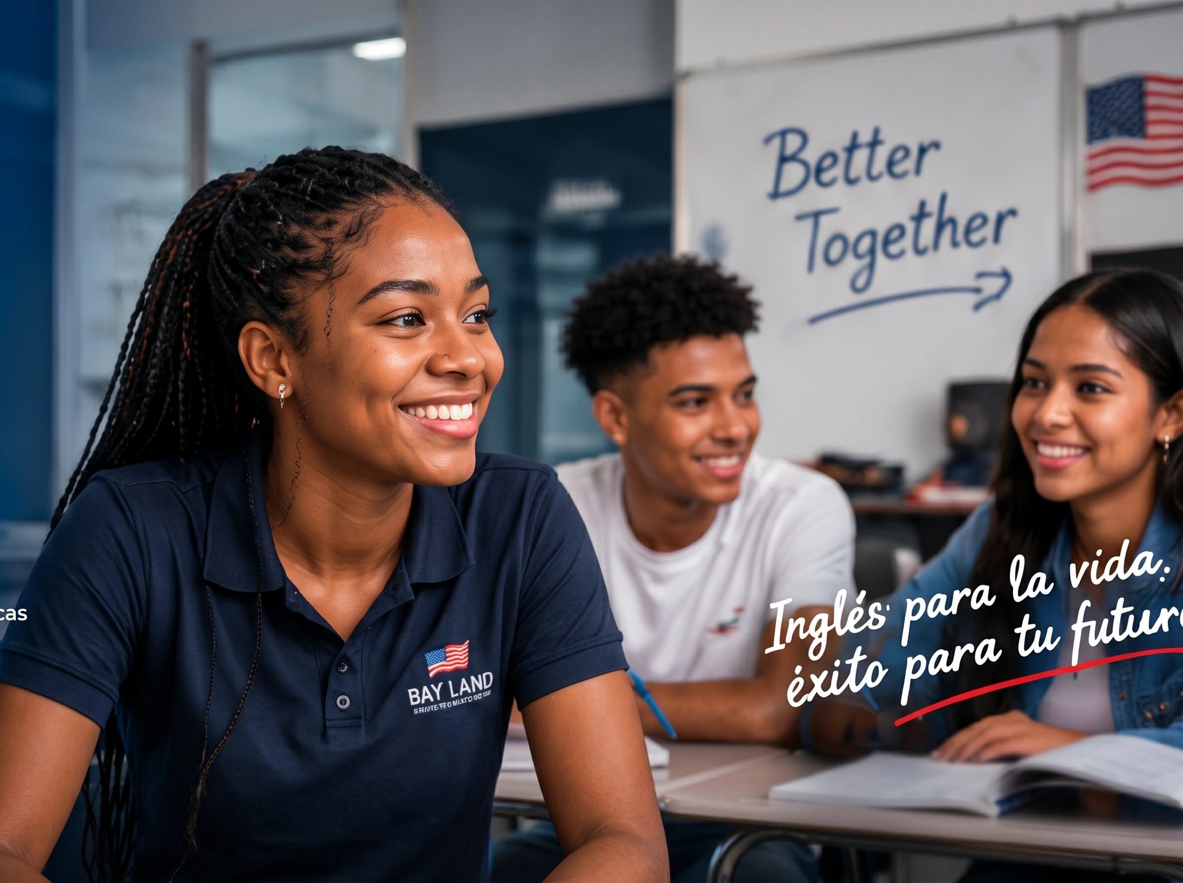 Grupo pequeño de estudiantes practicando inglés en BAY LAND.