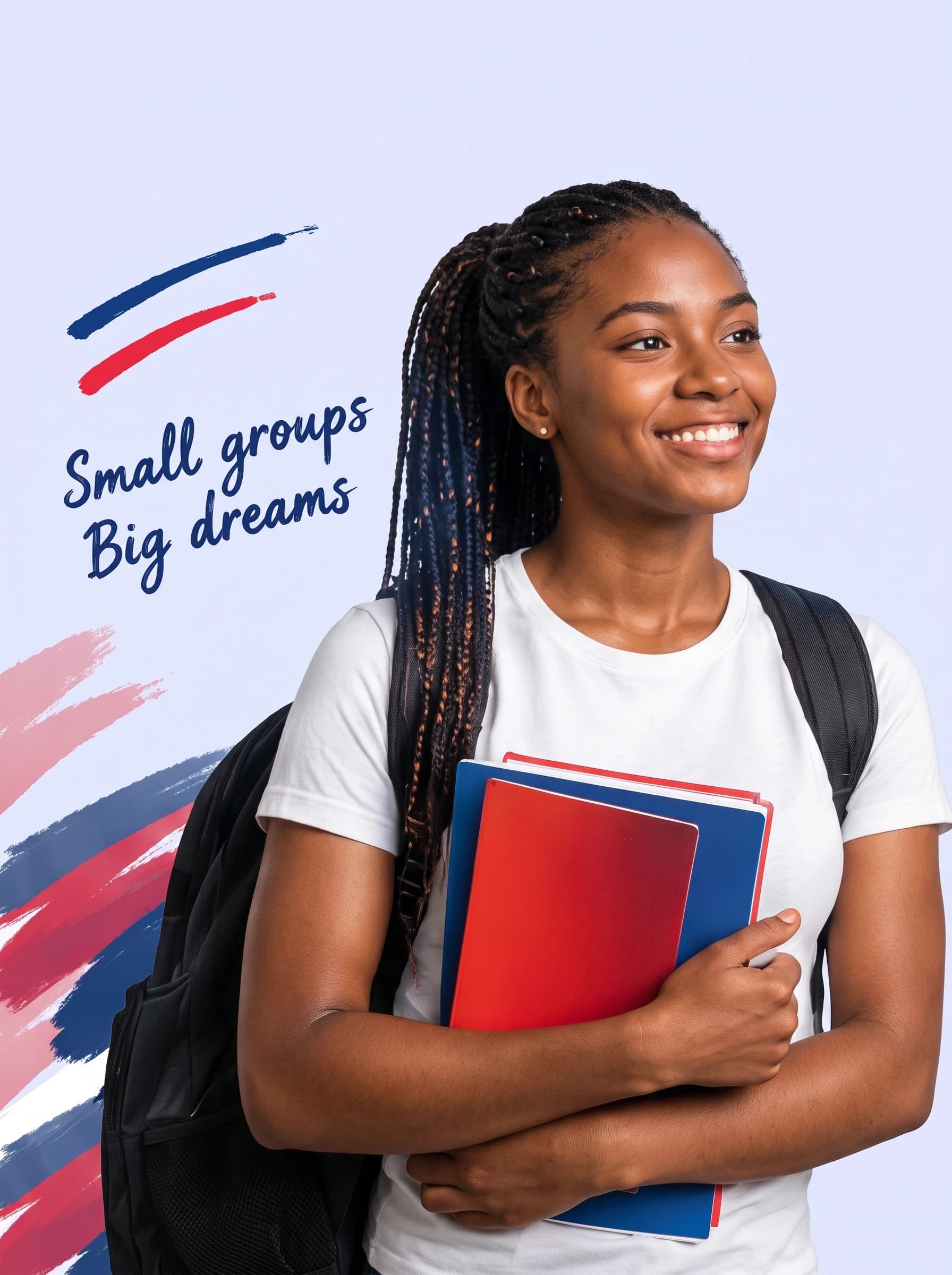 Estudiante de BAY LAND lista para aprender con materiales de estudio.